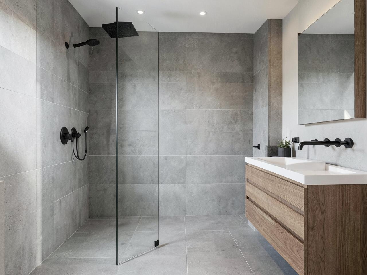 Modernes Badezimmer mit bodengleicher Dusche, grauen Großformatfliesen und schwarzen Armaturen